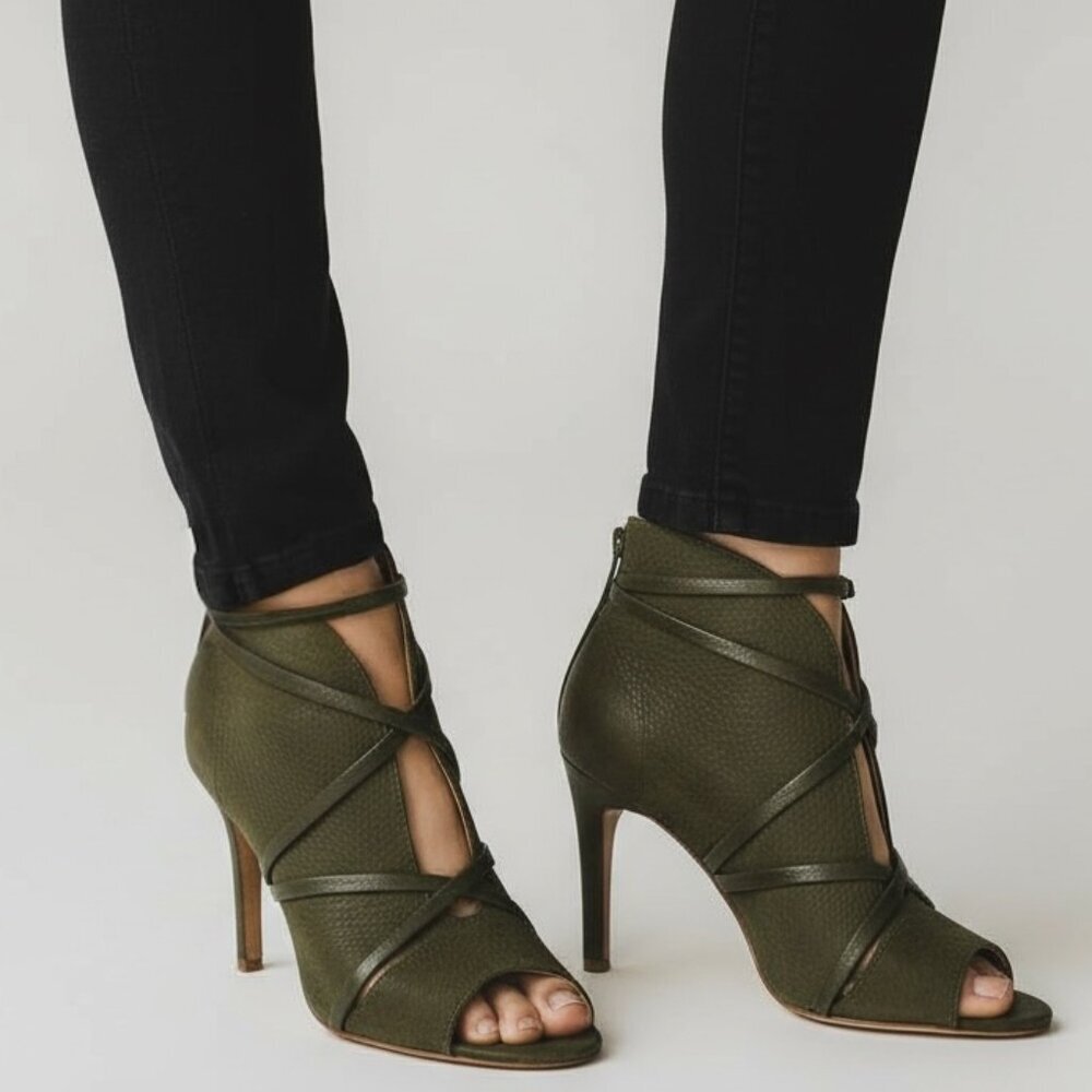 Journee Collection “Samara” Peep-Toe Stiletto Booties – Women’s 8.5 – Olive